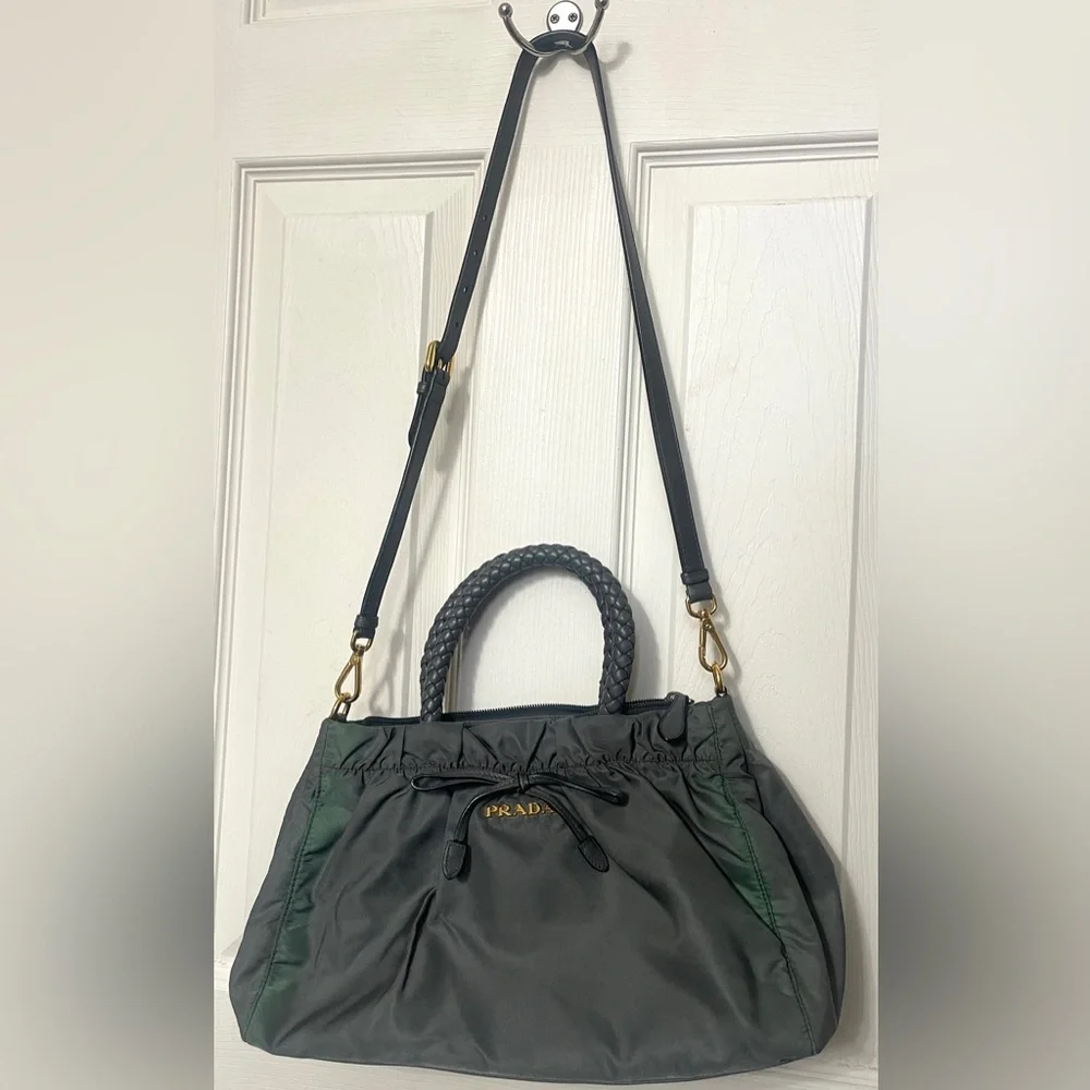 Prada Bow Tessuto Nylon and Leather Green/Gray Shoulder/Handbag 2-Tone w/COA